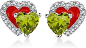Heart Birthstone Stud Earrings - Sparkling Double Dainty Red Enamel Hearts Forever Love 925 Sterling Silver Platinum Plated 12 Months Zircon Birthday Gifts for Women Girls