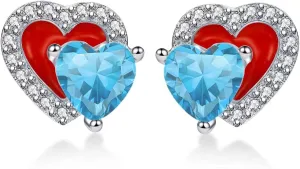 Heart Birthstone Stud Earrings - Sparkling Double Dainty Red Enamel Hearts Forever Love 925 Sterling Silver Platinum Plated 12 Months Zircon Birthday Gifts for Women Girls
