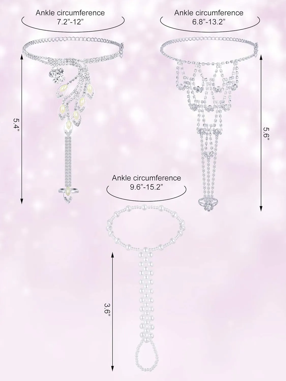 Hicarer 6 Pieces Foot Jewelry Barefoot Sandals for Women Rhinestone Anklets Bohemian Foot Chain for Beach Wedding Valentine's Day