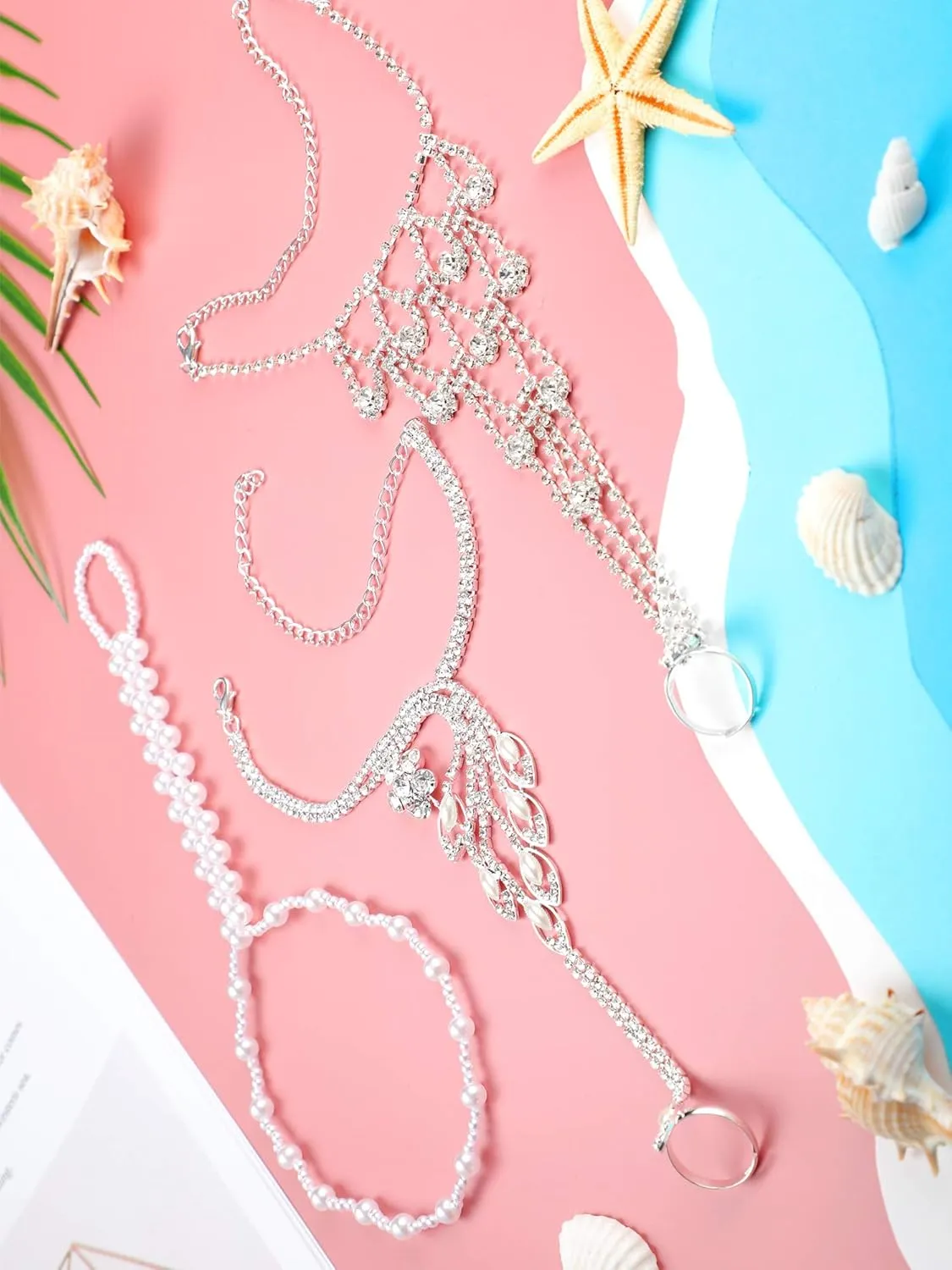 Hicarer 6 Pieces Foot Jewelry Barefoot Sandals for Women Rhinestone Anklets Bohemian Foot Chain for Beach Wedding Valentine's Day