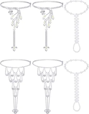 Hicarer 6 Pieces Foot Jewelry Barefoot Sandals for Women Rhinestone Anklets Bohemian Foot Chain for Beach Wedding Valentine's Day