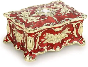 Hipiwe Vintage Rectangular Jewelry Box,Small Enameled Trinket Box Organizer Two Layer Treasure Chest Box Jewelry Decorative box Keepsake Gift Box Case for Women Girls (Red, Small)