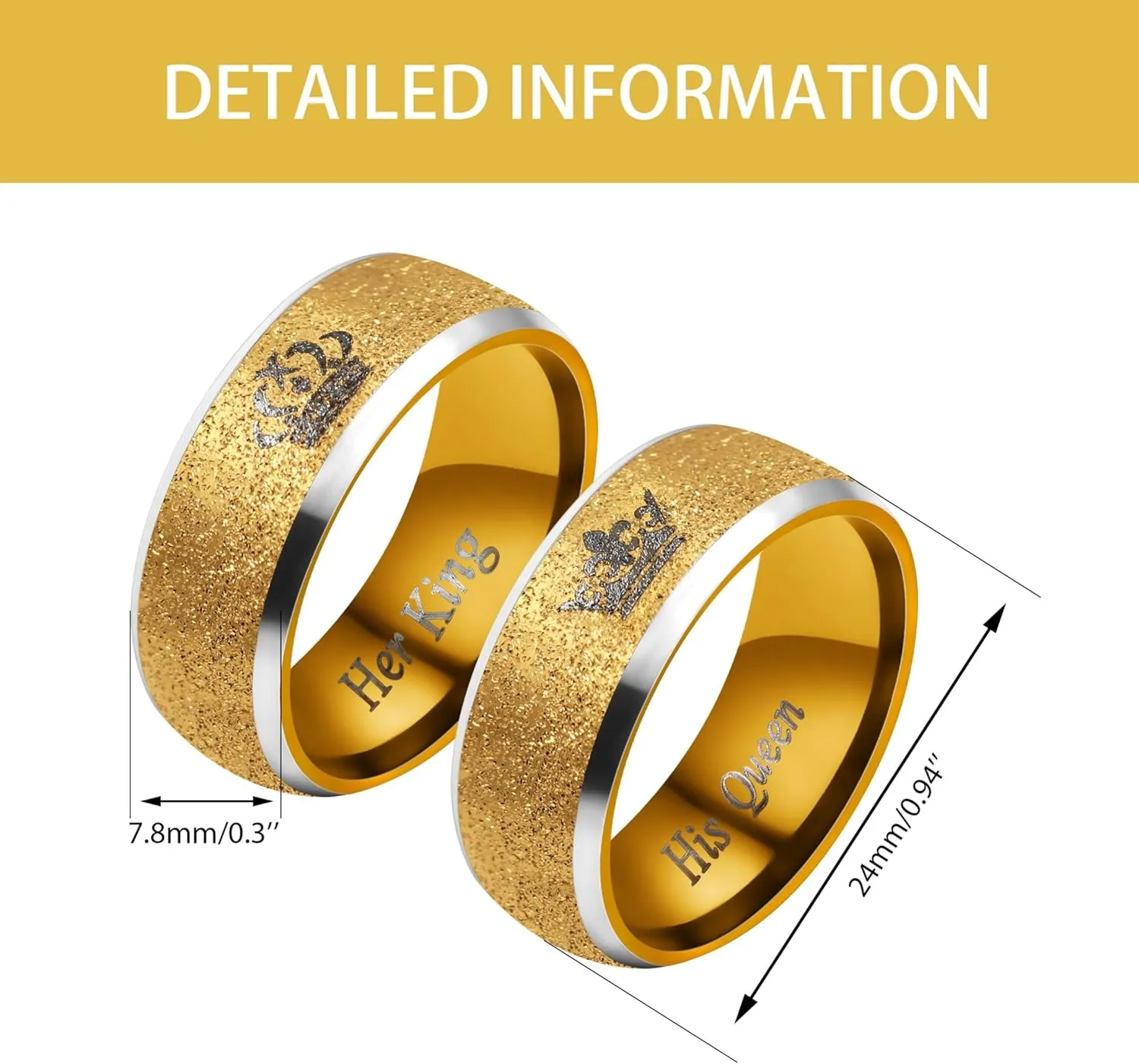 His Queen Her King Ring for Men Women - Exquisite Golden Frosted Stainless Steel Crown Couple Matching Rings for Wedding, Engagement, Anniversary (Size 6-11) YA4406