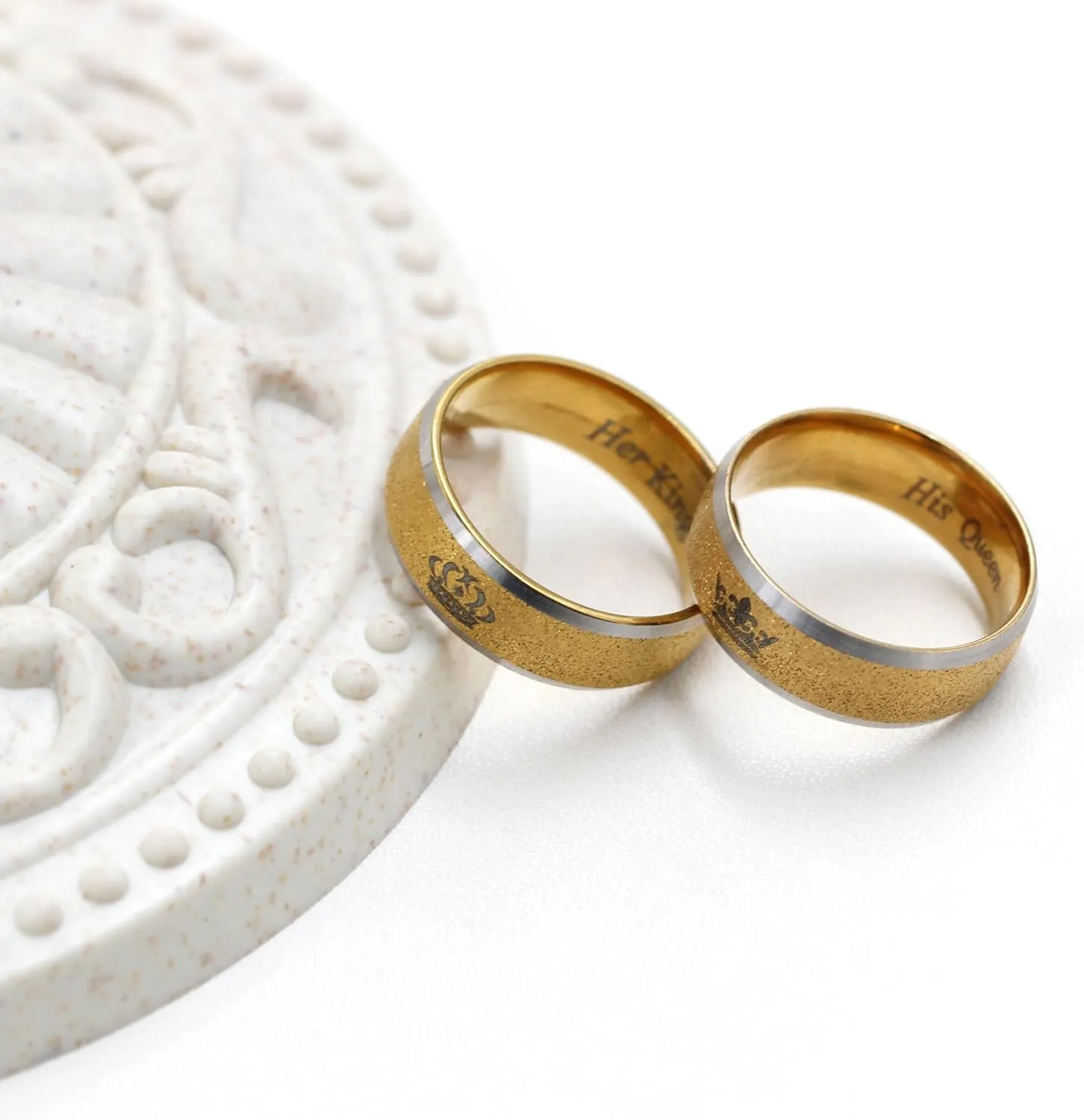 His Queen Her King Ring for Men Women - Exquisite Golden Frosted Stainless Steel Crown Couple Matching Rings for Wedding, Engagement, Anniversary (Size 6-11) YA4406