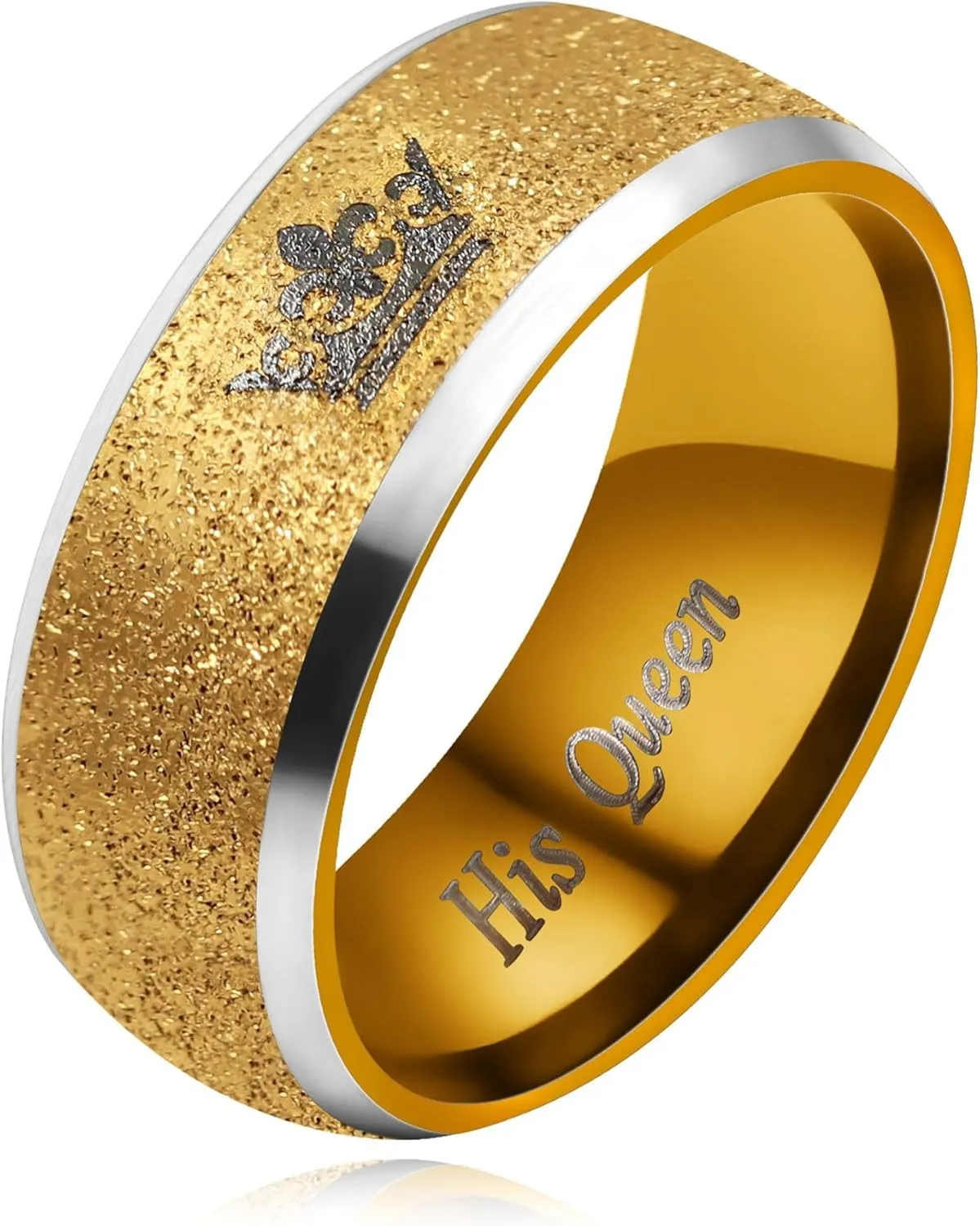 His Queen Her King Ring for Men Women - Exquisite Golden Frosted Stainless Steel Crown Couple Matching Rings for Wedding, Engagement, Anniversary (Size 6-11) YA4406