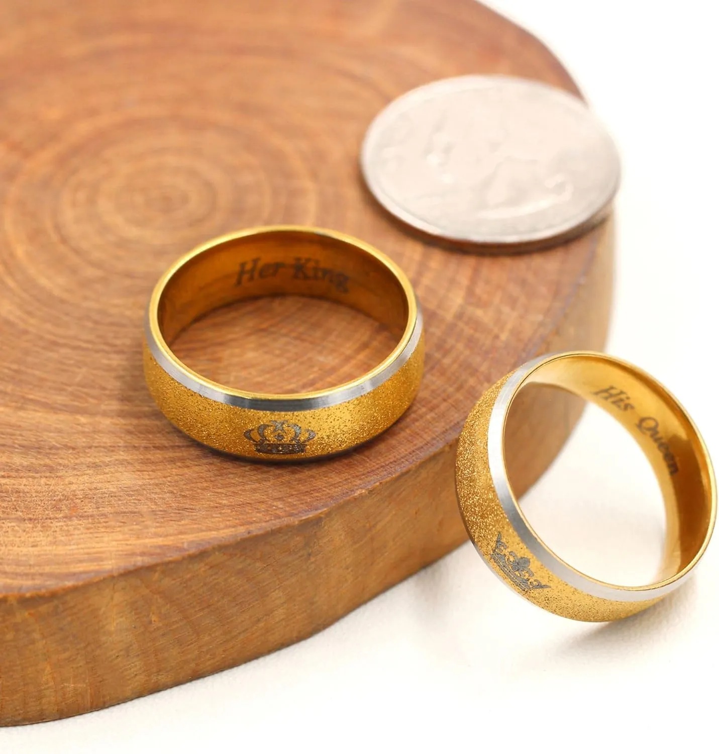 His Queen Her King Ring for Men Women - Exquisite Golden Frosted Stainless Steel Crown Couple Matching Rings for Wedding, Engagement, Anniversary (Size 6-11) YA4406