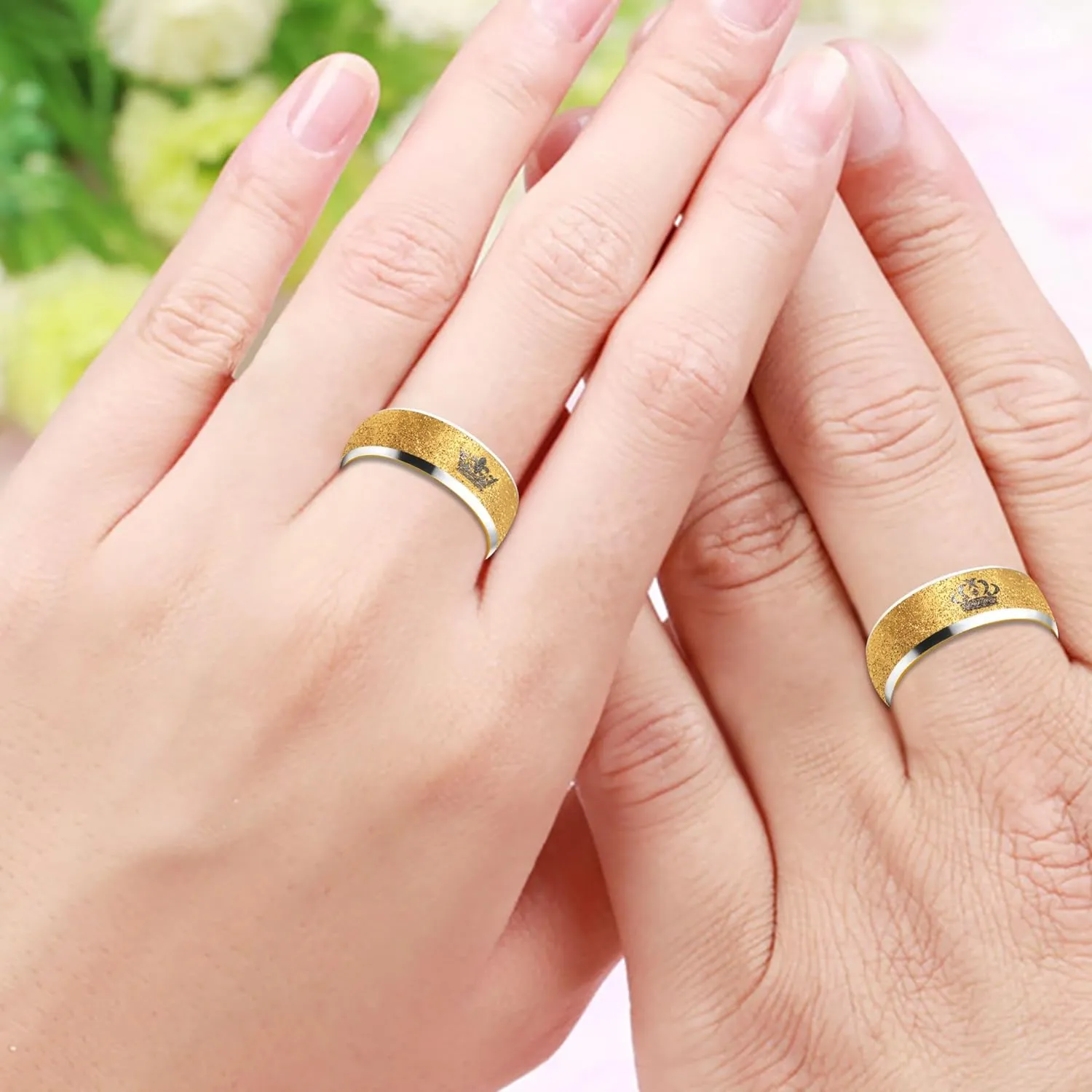 His Queen Her King Ring for Men Women - Exquisite Golden Frosted Stainless Steel Crown Couple Matching Rings for Wedding, Engagement, Anniversary (Size 6-11) YA4406
