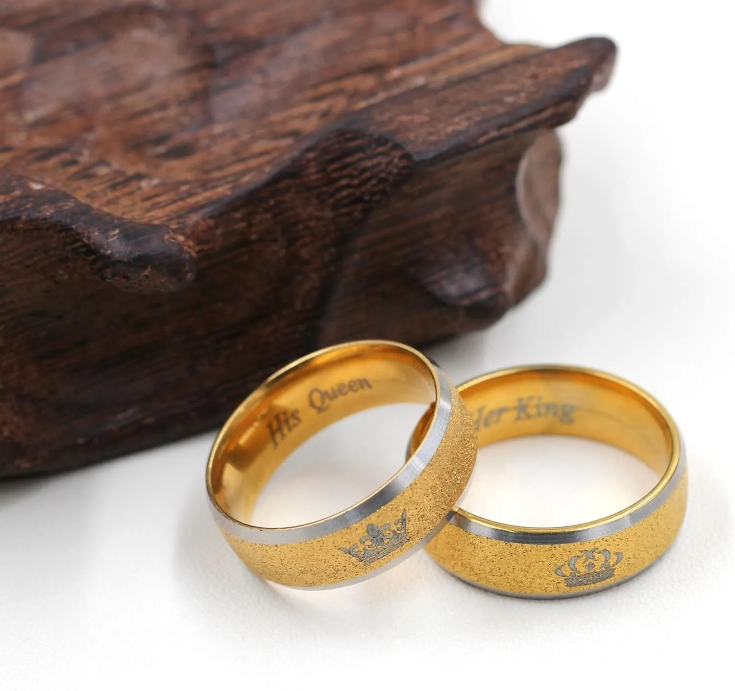 His Queen Her King Ring for Men Women - Exquisite Golden Frosted Stainless Steel Crown Couple Matching Rings for Wedding, Engagement, Anniversary (Size 6-11) YA4406