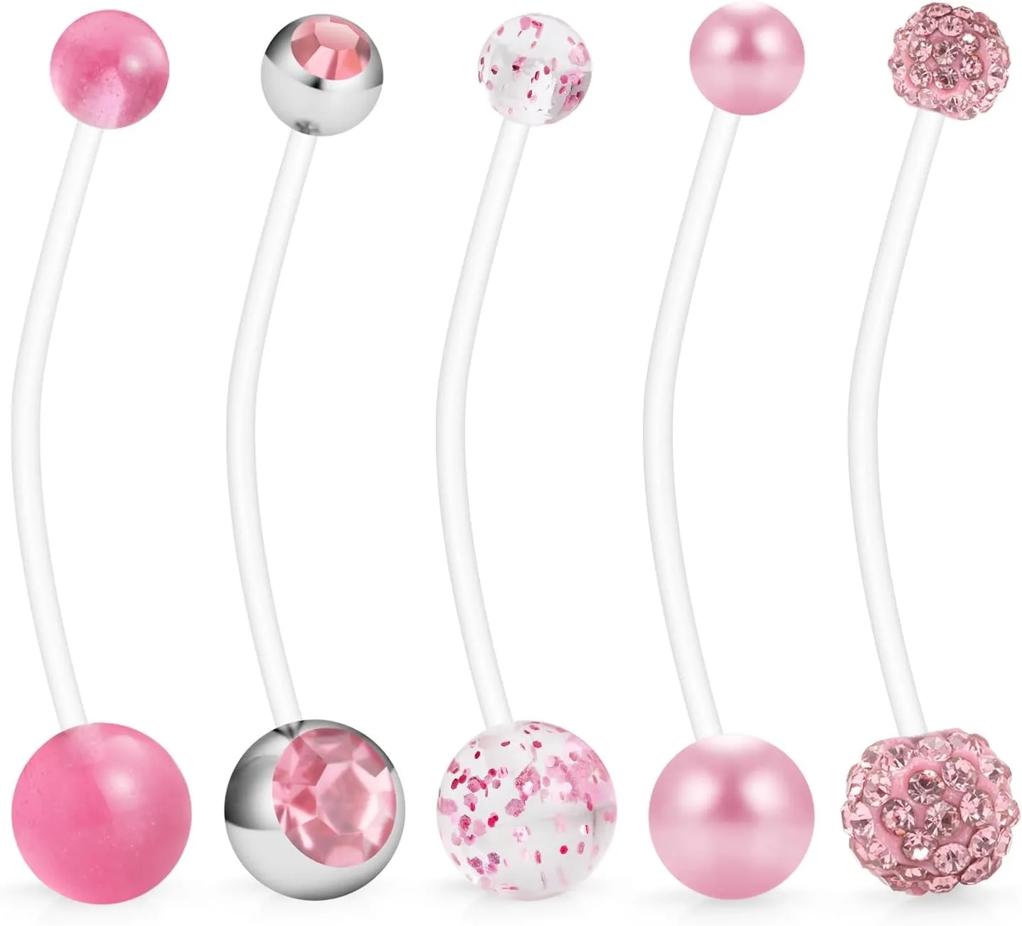 Hoeudjo 14G 1 1/2 Inch CZ Sports Pregnancy Maternity Flexible Bioplast Long Belly Button Rings Navel Retainer Body Piercing Jewelry Set of 5