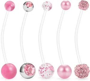 Hoeudjo 14G 1 1/2 Inch CZ Sports Pregnancy Maternity Flexible Bioplast Long Belly Button Rings Navel Retainer Body Piercing Jewelry Set of 5