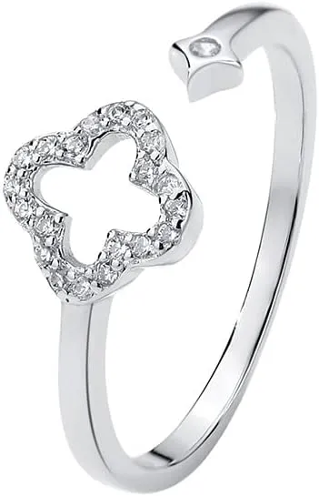 Hollow Four Leaf Clover Stacking Ring 925 Sterling Silver Crystal Cubic Zirconia Cross Open Adjustable Statement Knuckle Finger Rings Promise Eternity Bands Dainty Jewelry Gifts for Women