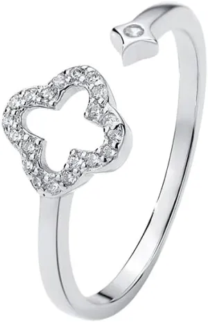 Hollow Four Leaf Clover Stacking Ring 925 Sterling Silver Crystal Cubic Zirconia Cross Open Adjustable Statement Knuckle Finger Rings Promise Eternity Bands Dainty Jewelry Gifts for Women