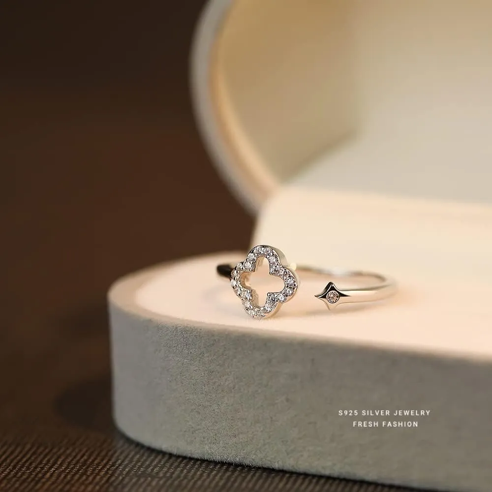 Hollow Four Leaf Clover Stacking Ring 925 Sterling Silver Crystal Cubic Zirconia Cross Open Adjustable Statement Knuckle Finger Rings Promise Eternity Bands Dainty Jewelry Gifts for Women