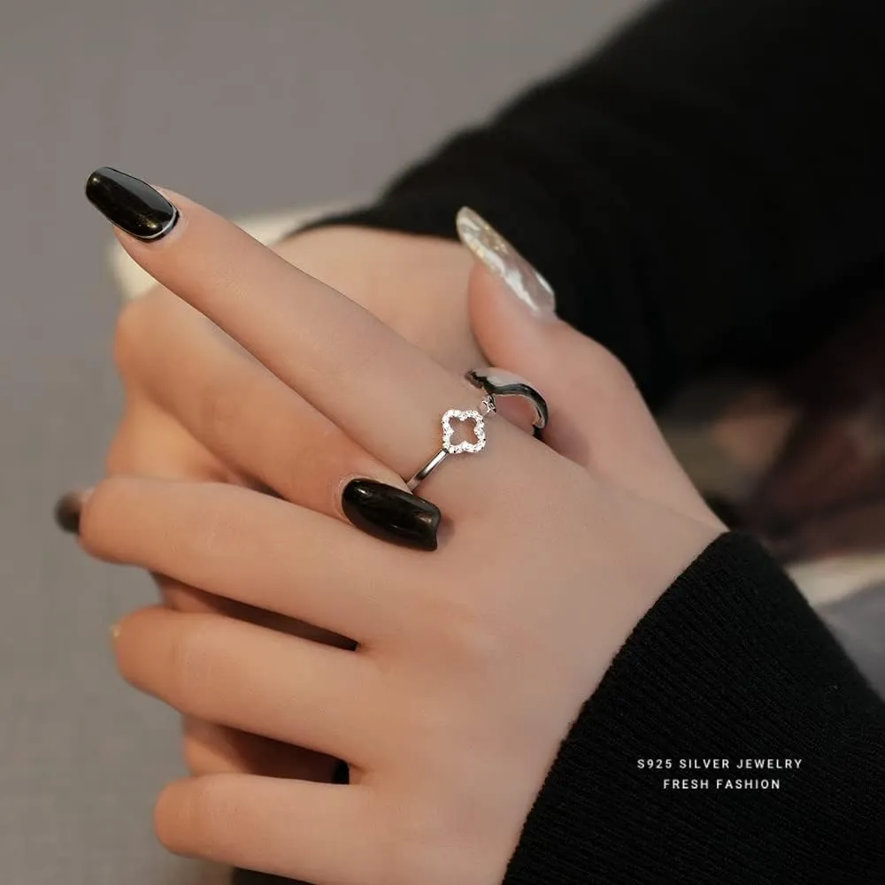 Hollow Four Leaf Clover Stacking Ring 925 Sterling Silver Crystal Cubic Zirconia Cross Open Adjustable Statement Knuckle Finger Rings Promise Eternity Bands Dainty Jewelry Gifts for Women
