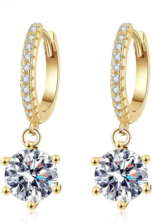 Hoop Earrings for Women, 1 Carat Moissanite Dangle Hoop Earrings, 6 Prong Setting Sterling Silver Gold Plated Earrings, Elegant Sparkling Jewelry Gift for Her