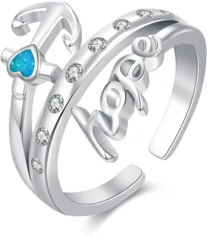 Hope Rings 925 Sterling Silver Blue Opal Adjustable Anchor Rings Faith Nautical Jewelry Gifts for Women Mothers Day for Mom Wife