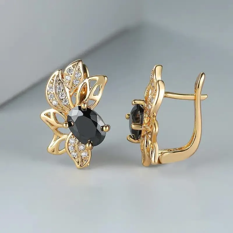 hsiyyecg Art Deco Antique Vintage Style Jet Black Onyx Earrings CZ Crystal Cubic Zirconia Sparkling Flower Leaf Leverback Earrings for Women