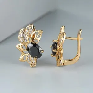 hsiyyecg Art Deco Antique Vintage Style Jet Black Onyx Earrings CZ Crystal Cubic Zirconia Sparkling Flower Leaf Leverback Earrings for Women