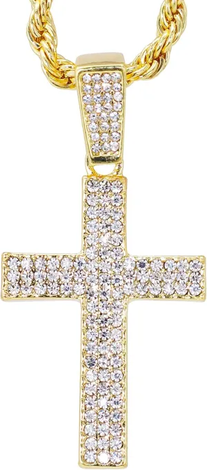Iced Out Religion Pendant with 20 inch Tennis Chain or 20 inch Rope Chain - 14k Gold or Silver Tone Bling Pendant - Praying Hand, Cross, Angel, Blessed, or Last Supper
