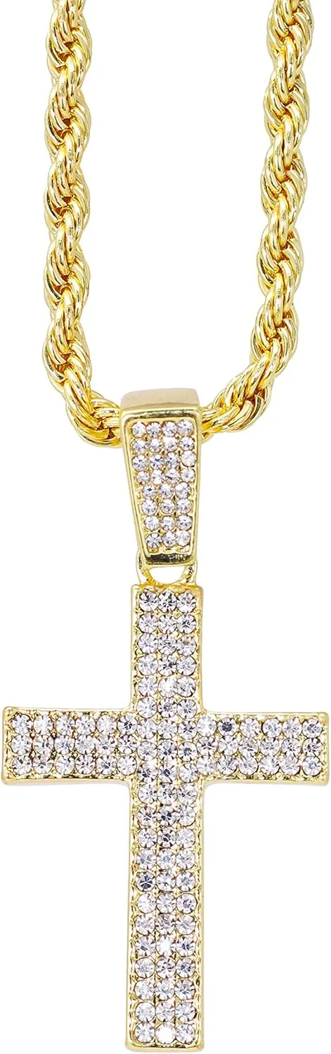 Iced Out Religion Pendant with 20 inch Tennis Chain or 20 inch Rope Chain - 14k Gold or Silver Tone Bling Pendant - Praying Hand, Cross, Angel, Blessed, or Last Supper