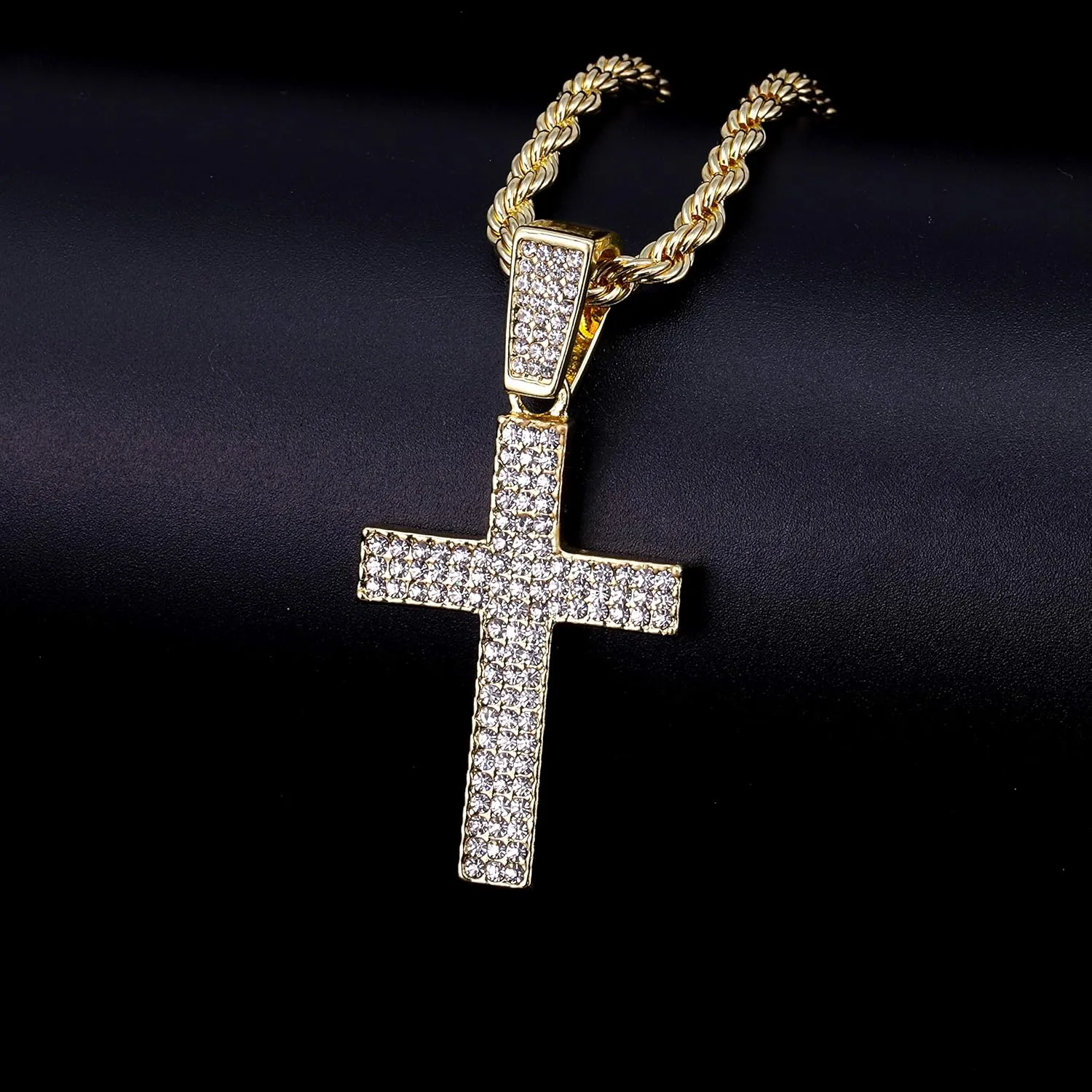Iced Out Religion Pendant with 20 inch Tennis Chain or 20 inch Rope Chain - 14k Gold or Silver Tone Bling Pendant - Praying Hand, Cross, Angel, Blessed, or Last Supper