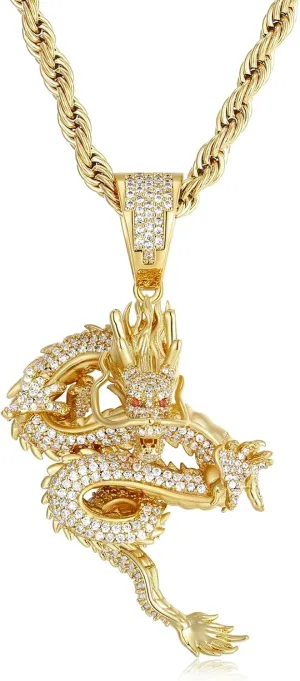 ICEDIAMOND Iced Out Imperial Shenlong Pendant Chain Necklace, 18K Gold Plated Brass | S925 Silver Exquisite Hip Hop Luxury Jewelry for Men