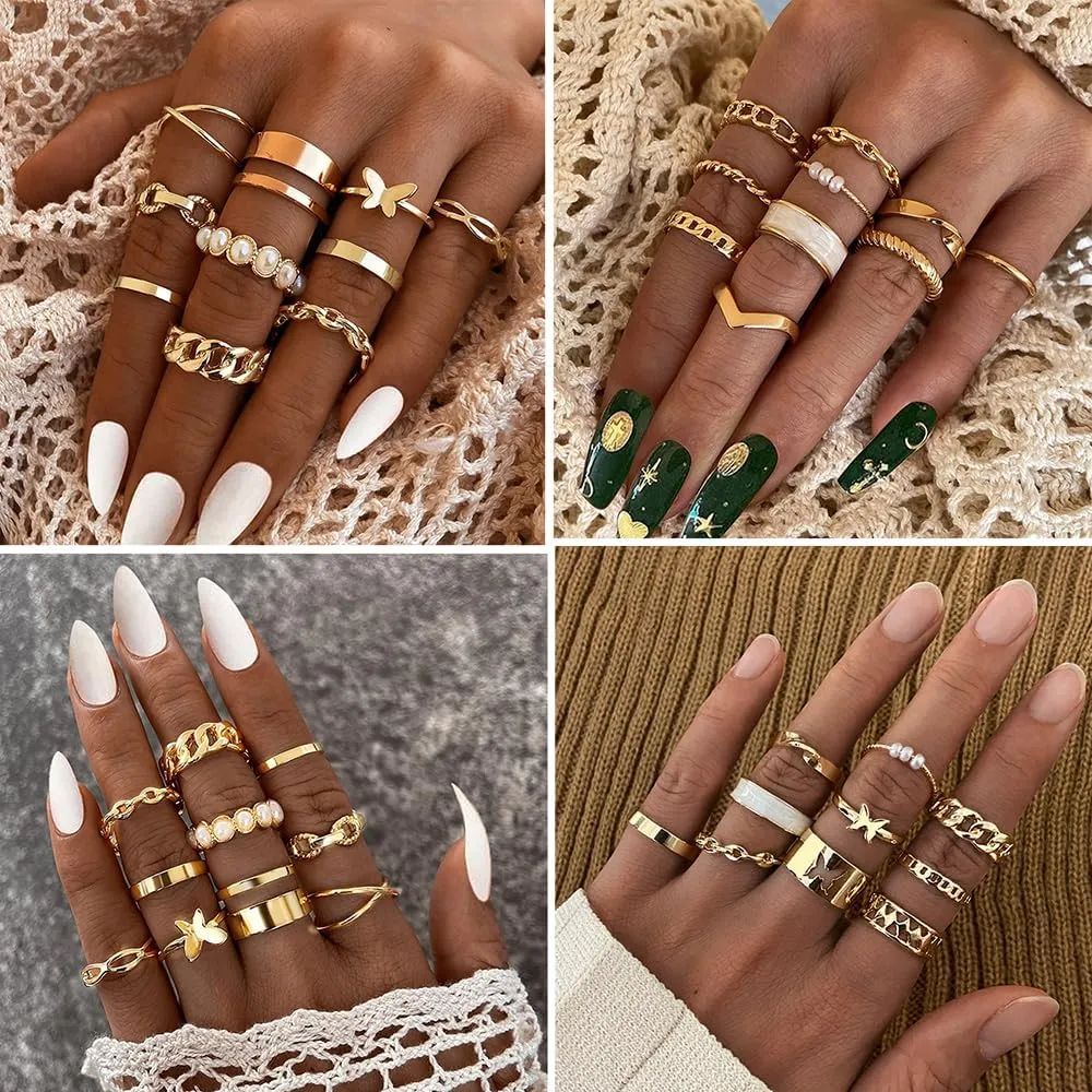 iF YOU 30 Pcs Gold Knuckle Rings Set for Women, Vintage Stackable Cute Finger Midi Rings, Fashion Simple Silver Rings Pack Jewelry for Women Gift