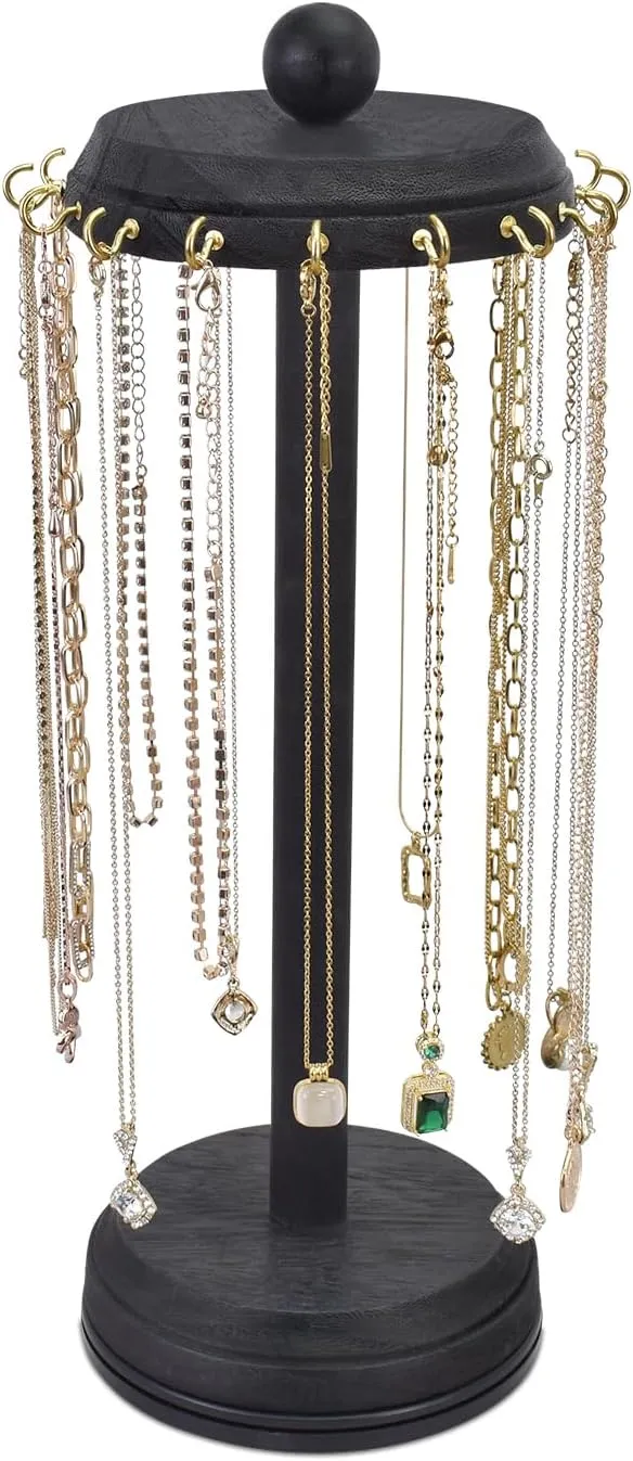Ikee Design 16 Hooks Wooden Rotating Necklace Holder Organizer, Necklace Display Stand with Hooks,Jewelry Organizer,Rotating Jewelry Display Tower for Bracelet, Black Color