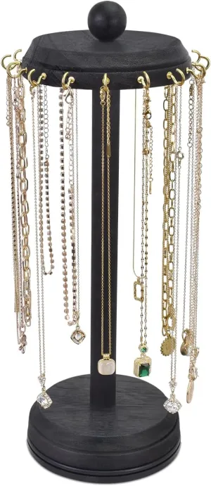 Ikee Design 16 Hooks Wooden Rotating Necklace Holder Organizer, Necklace Display Stand with Hooks,Jewelry Organizer,Rotating Jewelry Display Tower for Bracelet, Black Color