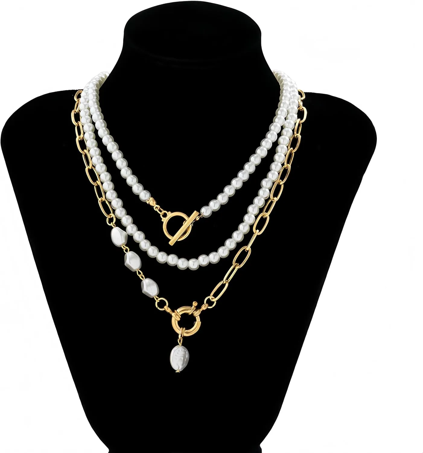 Imitation Pearl Gold Plated Layered Baroque Pearl OT Clasp NecklaceAdjustable Stacking Beaded Ball Chain Paperclip Pearl Chain Retro Necklace for WomenBridesmaid Wedding Evening Party Jewelry Gift