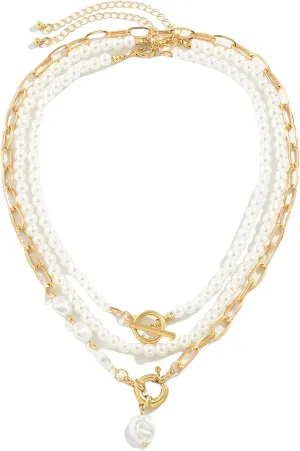 Imitation Pearl Gold Plated Layered Baroque Pearl OT Clasp NecklaceAdjustable Stacking Beaded Ball Chain Paperclip Pearl Chain Retro Necklace for WomenBridesmaid Wedding Evening Party Jewelry Gift