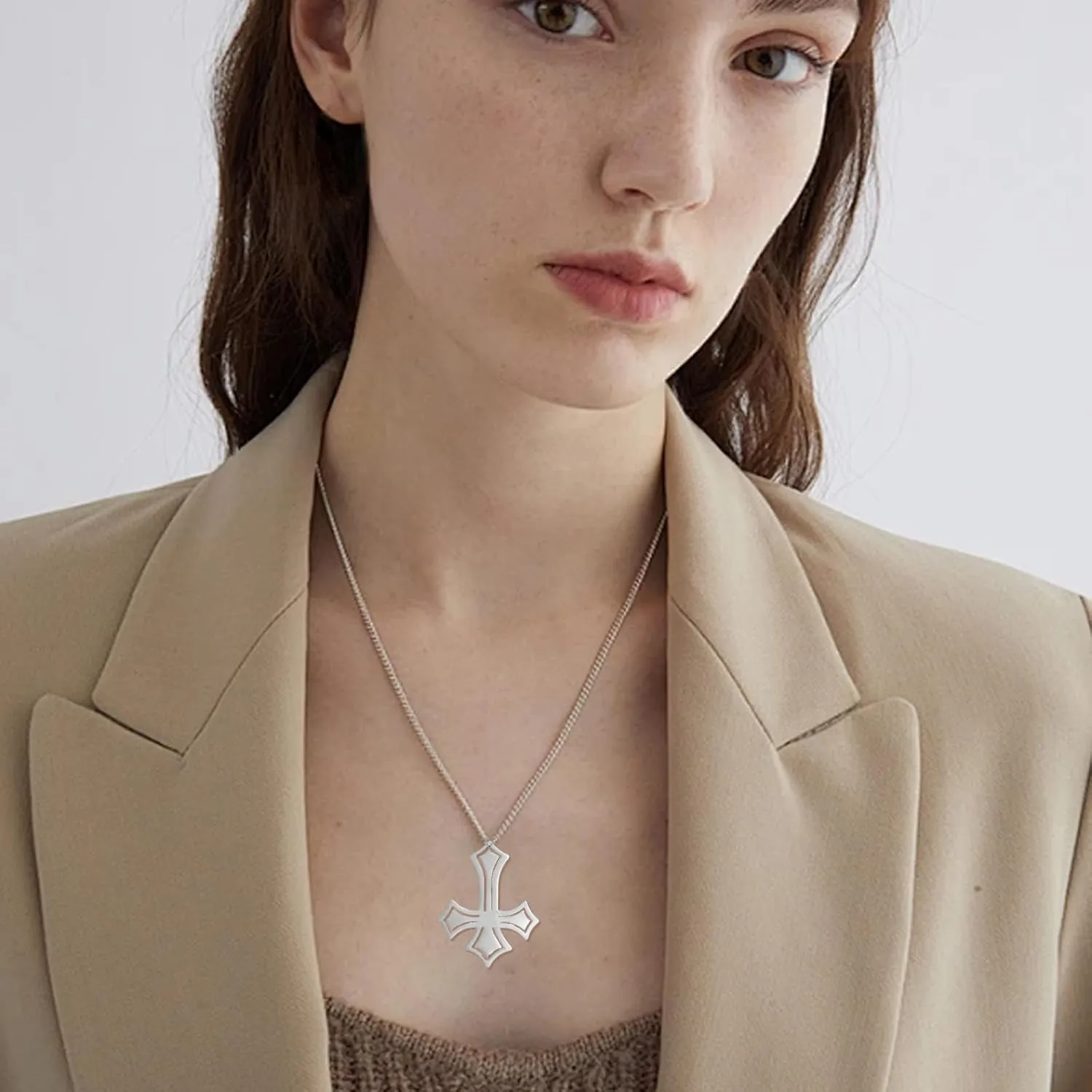 Inverted Cross Necklace for Men Women Stainless Steel Classic Satanic Symbol St. Peter Upside Down Cross Pendant Necklace Religious Jewelry Gifts