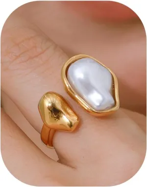 Irregular Baroque Pearl Ring for Women,Vintage White Big Faux Pearl Finger Ring Charm Cute Adjustable Open Round Pearls Rings Trendy Personality Prom Wedding Jewelry
