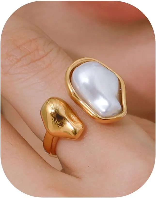 Irregular Baroque Pearl Ring for Women,Vintage White Big Faux Pearl Finger Ring Charm Cute Adjustable Open Round Pearls Rings Trendy Personality Prom Wedding Jewelry