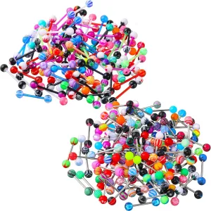 Jadive 200pc Mix Tongue Rings Set - Acrylic & Stainless Steel Barbell Tongue Rings, 14G, 16mm, Assorted Colors