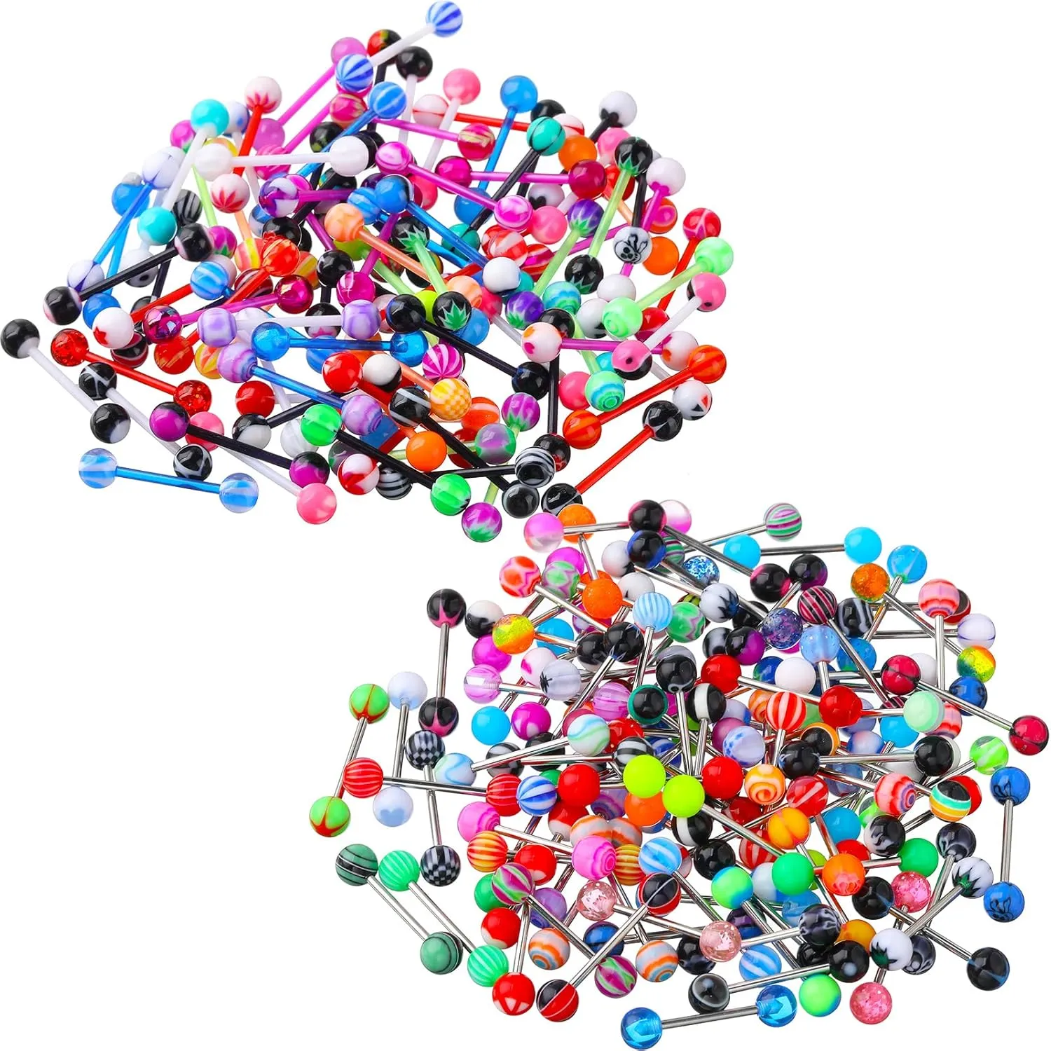 Jadive 200pc Mix Tongue Rings Set - Acrylic & Stainless Steel Barbell Tongue Rings, 14G, 16mm, Assorted Colors