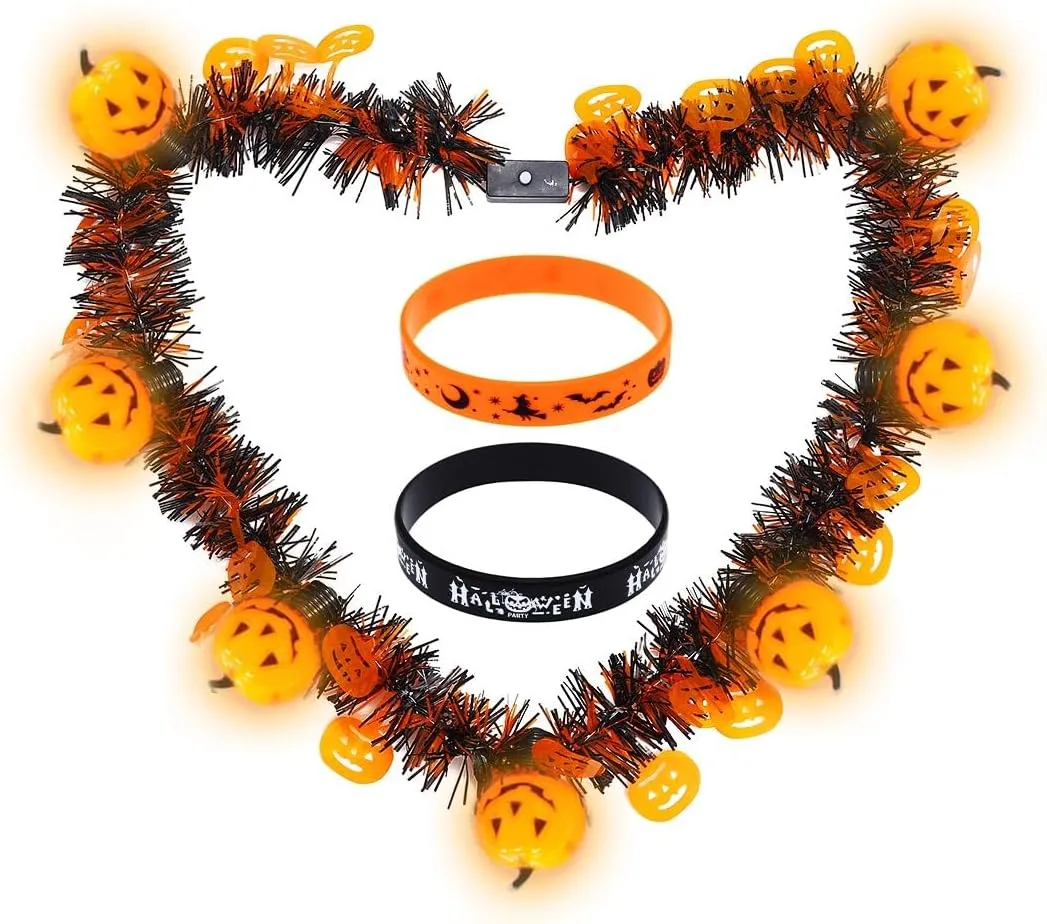 JEAIRTS Halloween Light Up Necklace Led Pumpkin Skull Necklaces with Bracelet Glowing Halloween Party Favors