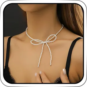 JEAIRTS Pearl Bow-Knot Choker Necklace Beaded Bow Tie Short Necklaces Chain Jewelry for Women