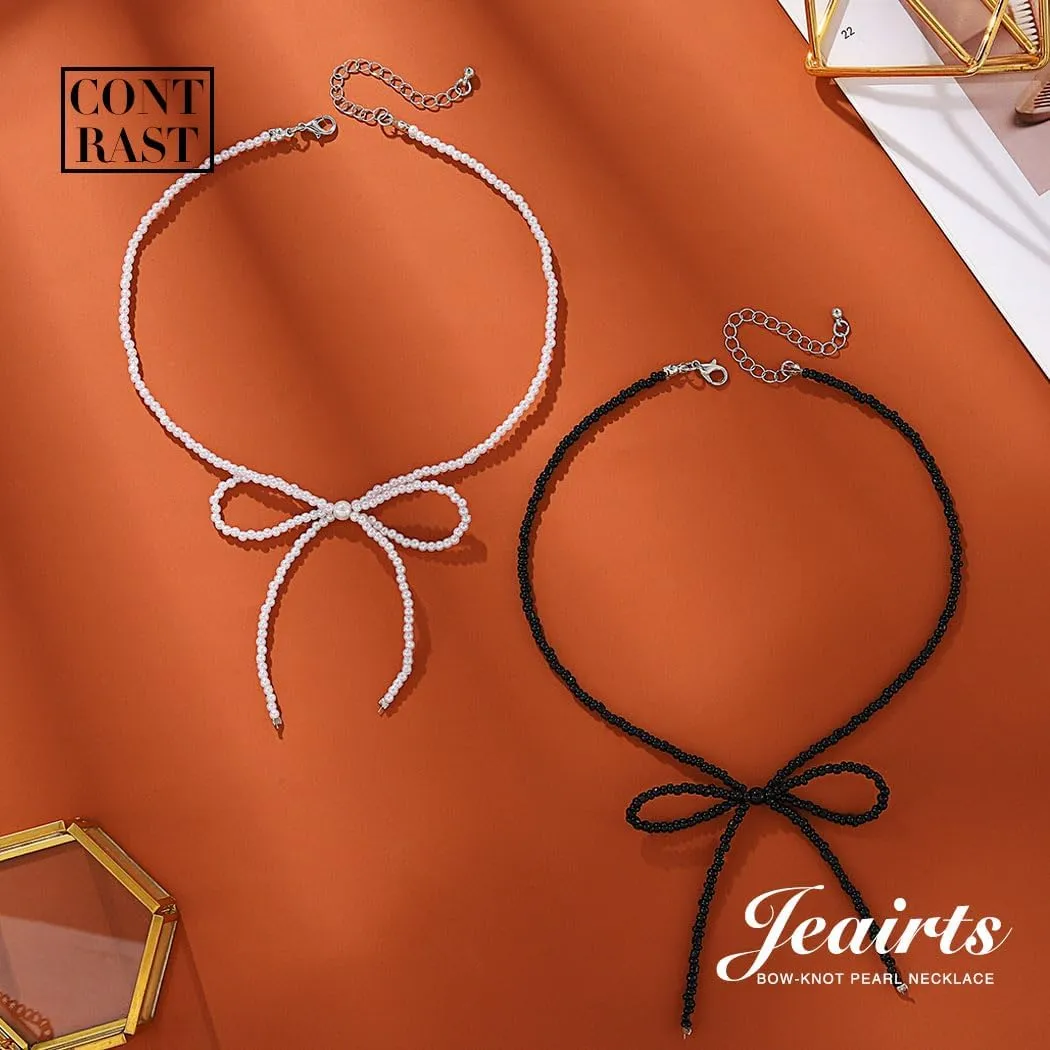 JEAIRTS Pearl Bow-Knot Choker Necklace Beaded Bow Tie Short Necklaces Chain Jewelry for Women
