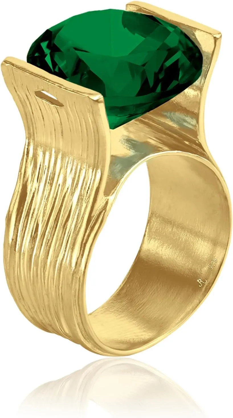 JEAN RACHEL JEWELRY 14K Gold Plated Sterling Silver Ring with 11.75 TCW Cubic Zirconia - Textured Band Vintage Design - Hypoallergenic, Lead & Nickel Free Jewelry Statement Rings for Women