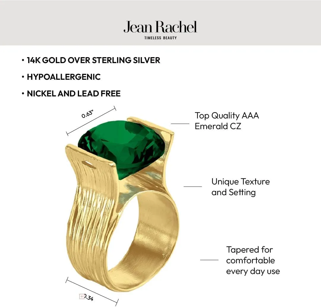 JEAN RACHEL JEWELRY 14K Gold Plated Sterling Silver Ring with 11.75 TCW Cubic Zirconia - Textured Band Vintage Design - Hypoallergenic, Lead & Nickel Free Jewelry Statement Rings for Women