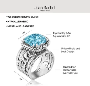 JEAN RACHEL JEWELRY 925 Sterling Silver Ring - Braid & Leaf Vintage Design with Cushion Cubic Zirconia - Hypoallergenic, Lead & Nickel Free - Artisan Handcrafted Statement Rings for Women