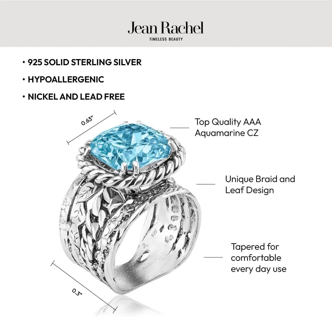 JEAN RACHEL JEWELRY 925 Sterling Silver Ring - Braid & Leaf Vintage Design with Cushion Cubic Zirconia - Hypoallergenic, Lead & Nickel Free - Artisan Handcrafted Statement Rings for Women