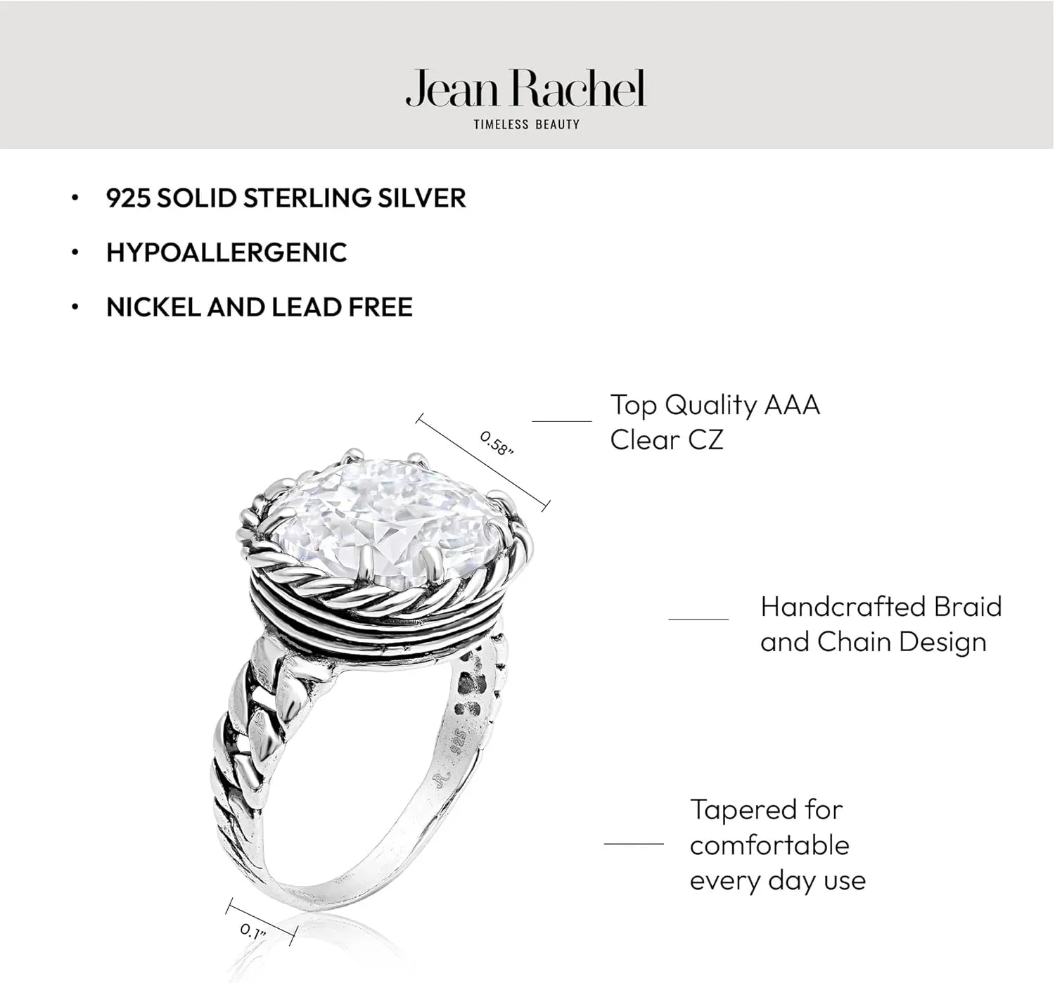 JEAN RACHEL JEWELRY 925 Sterling Silver Ring - Braid Chain with Cubic Zirconia Vintage Design - Hypoallergenic, Lead & Nickel Free - Artisan Handcrafted Statement Rings for Women