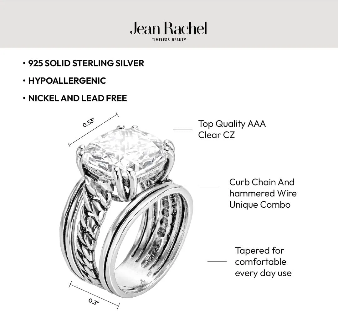 JEAN RACHEL JEWELRY 925 Sterling Silver Ring - Curb Chain Vintage Design with Cushion Shaped Cubic Zirconia - Hypoallergenic, Lead & Nickel Free - Artisan Handcrafted Statement Rings for Women