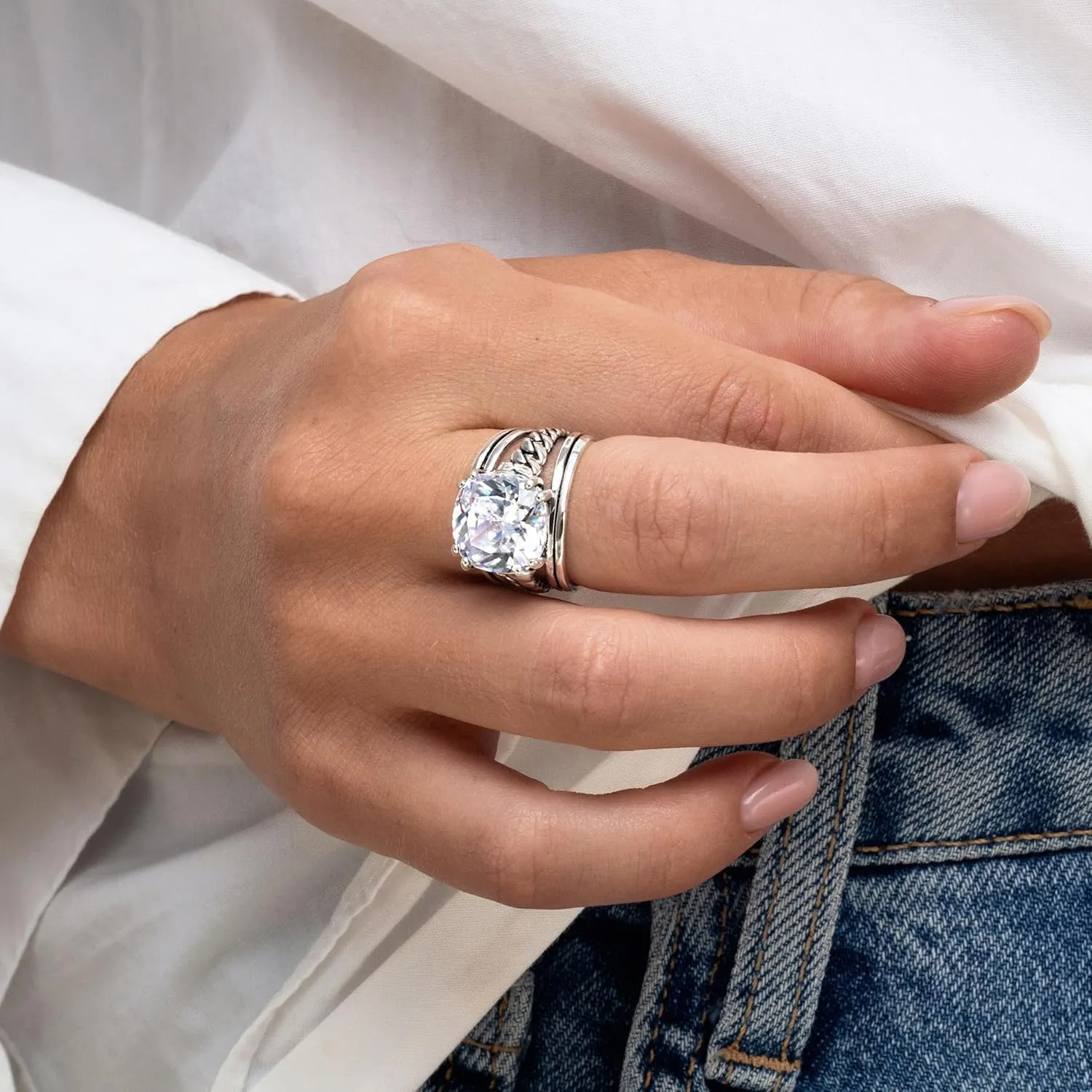 JEAN RACHEL JEWELRY 925 Sterling Silver Ring - Curb Chain Vintage Design with Cushion Shaped Cubic Zirconia - Hypoallergenic, Lead & Nickel Free - Artisan Handcrafted Statement Rings for Women