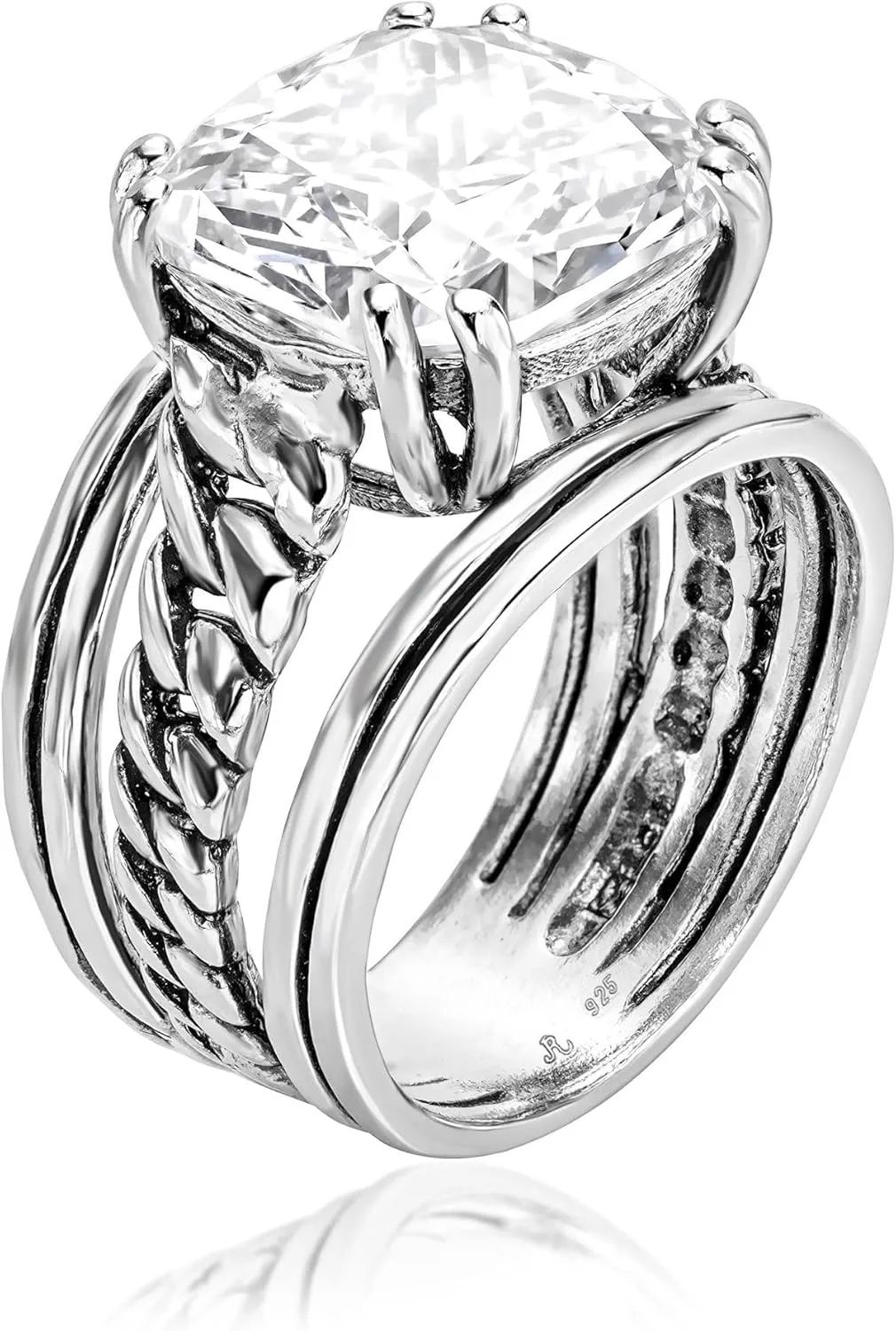 JEAN RACHEL JEWELRY 925 Sterling Silver Ring - Curb Chain Vintage Design with Cushion Shaped Cubic Zirconia - Hypoallergenic, Lead & Nickel Free - Artisan Handcrafted Statement Rings for Women