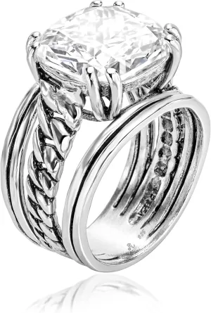 JEAN RACHEL JEWELRY 925 Sterling Silver Ring - Curb Chain Vintage Design with Cushion Shaped Cubic Zirconia - Hypoallergenic, Lead & Nickel Free - Artisan Handcrafted Statement Rings for Women