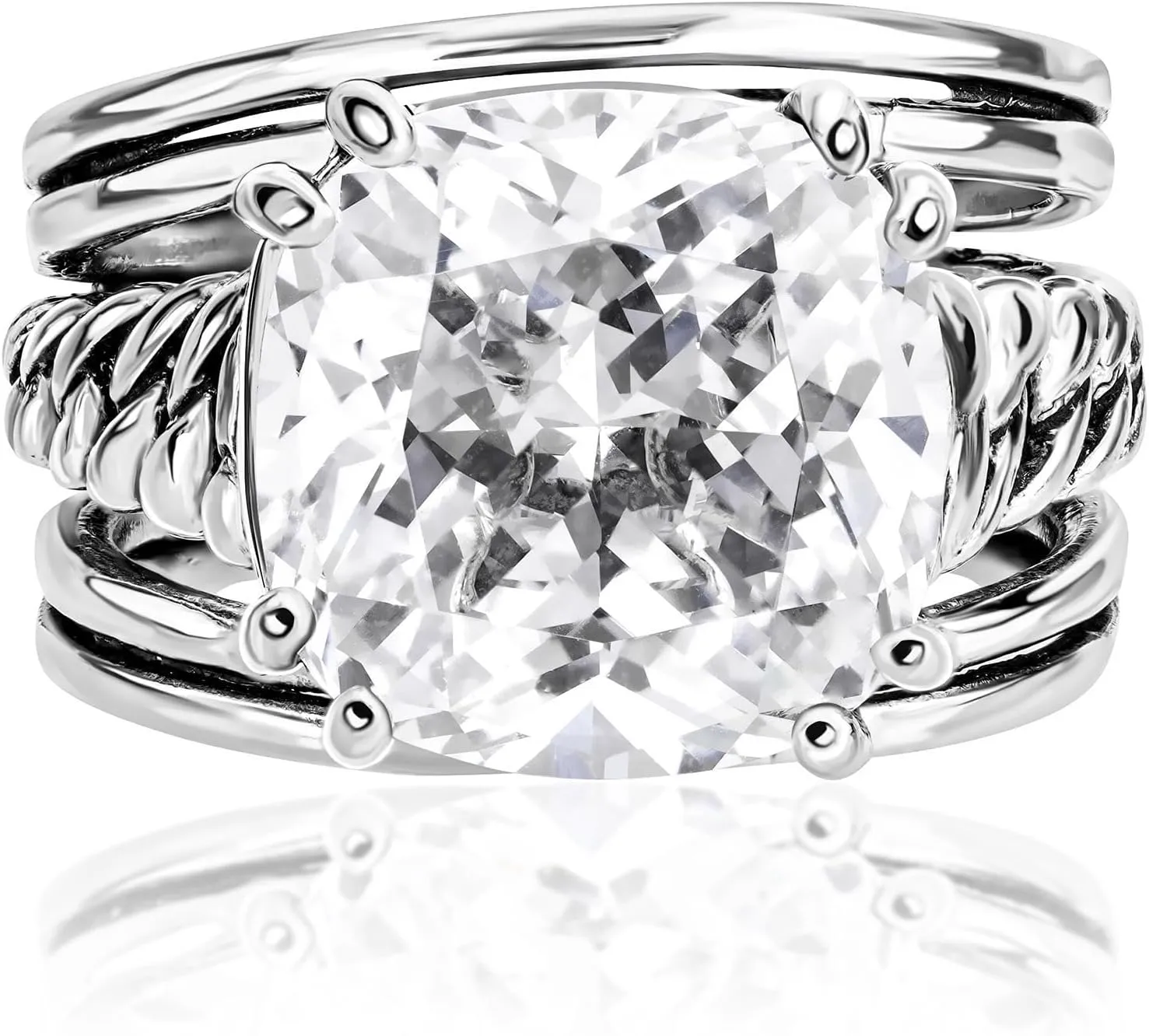 JEAN RACHEL JEWELRY 925 Sterling Silver Ring - Curb Chain Vintage Design with Cushion Shaped Cubic Zirconia - Hypoallergenic, Lead & Nickel Free - Artisan Handcrafted Statement Rings for Women