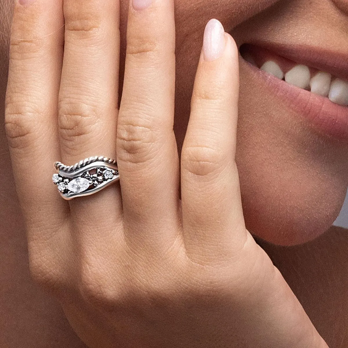 JEAN RACHEL JEWELRY 925 Sterling Silver Ring - Curved Rope with Marquise Cubic Zircona Vintage Design - Hypoallergenic, Lead & Nickel Free Jewelry - Artisan Handcrafted Statement Rings for Women